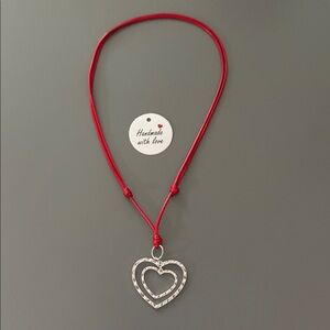 Handmade Silver Heart Necklace with Red Cord